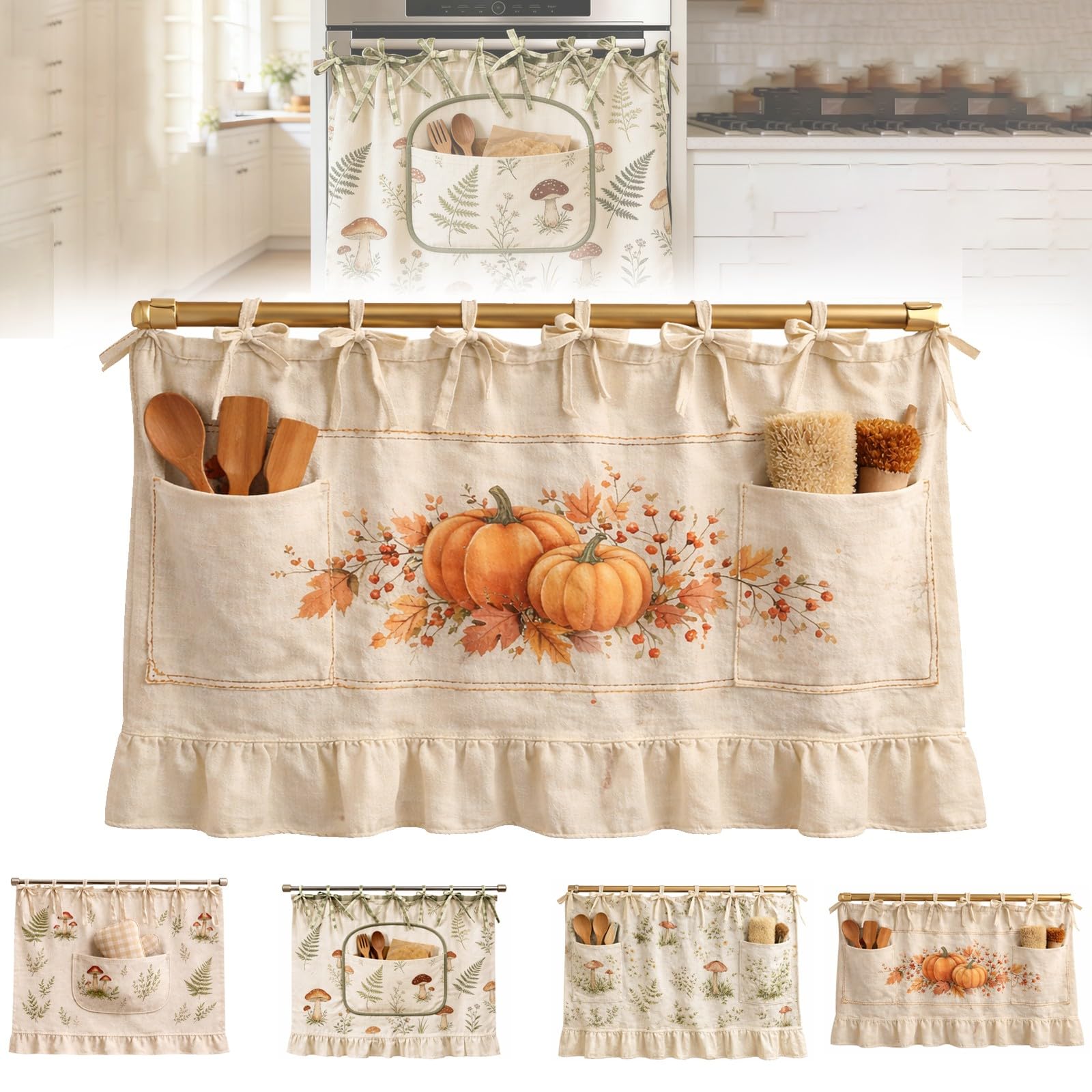 TEMU Oven Skirt Curtain With Pockets, Handmade Oven Skirt, Kitchen Decor, Ribbon Ties, Tabs & Trim, For Dishwashers, Washing Machines & Ranges, Hide