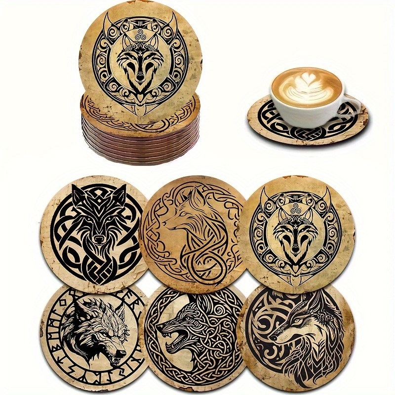 TEMU 6pcs Viking Symbol, Wolf, Fenrir, Celtic Knot, Retro, Printed Wooden Coaster Set, Coaster, Suitable For Home And Dining, Gift For Parents,