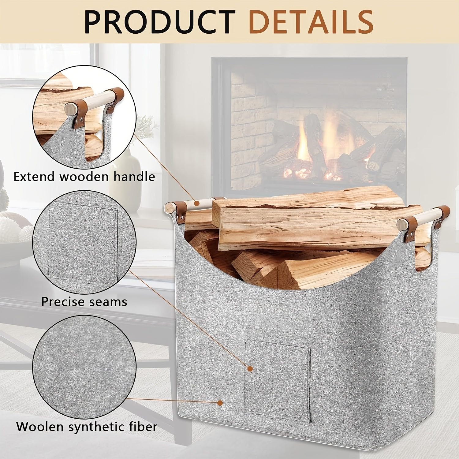 xxl foldable fire basket 55l thickened felt log basket for fireplaces indoor wood burner with extended handles space saving firewood vegetable basket dark gray details 1