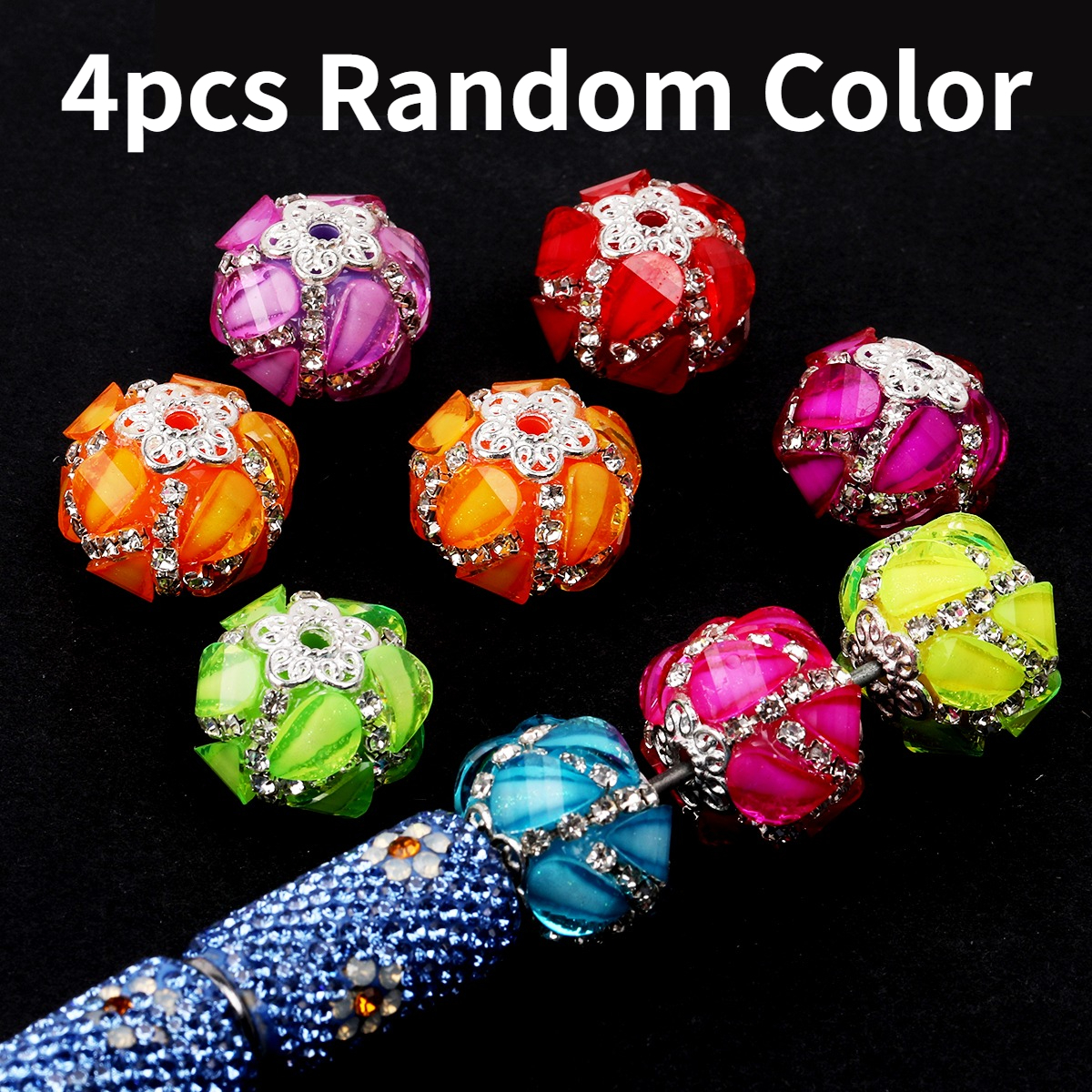 TEMU 4pcs Random Color Rhinestone Inlaid Acrylic Beads, 21mm Round Neon Loose Beads, Multicolor Sparkly Spacer Beads For Bracelet Necklace Jewelry