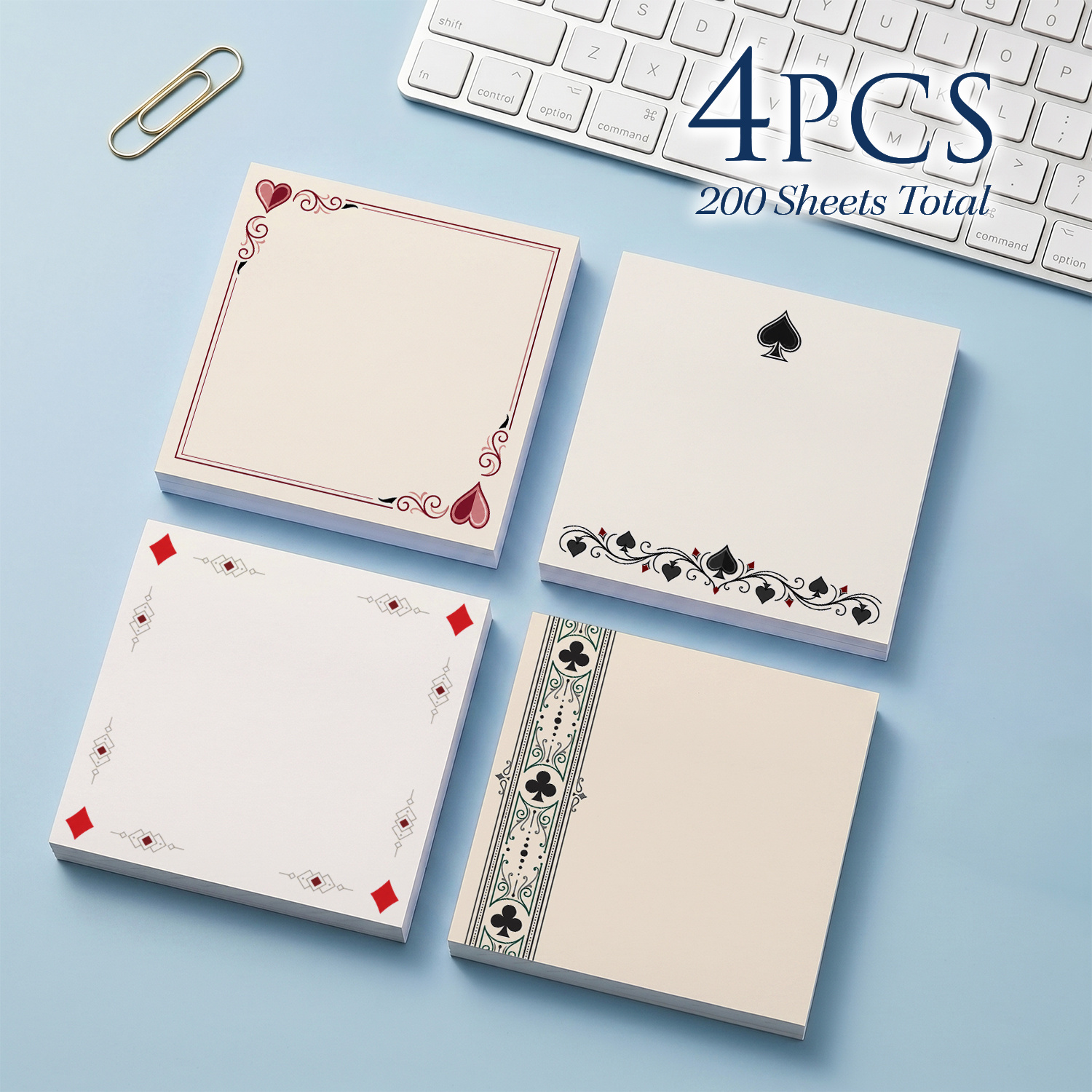 TEMU 4pcs Playing Card Shape Sticky Notes, 200 Sheets Total, Heart Spade Memo Pads, Self Stick Notes For Office & Study