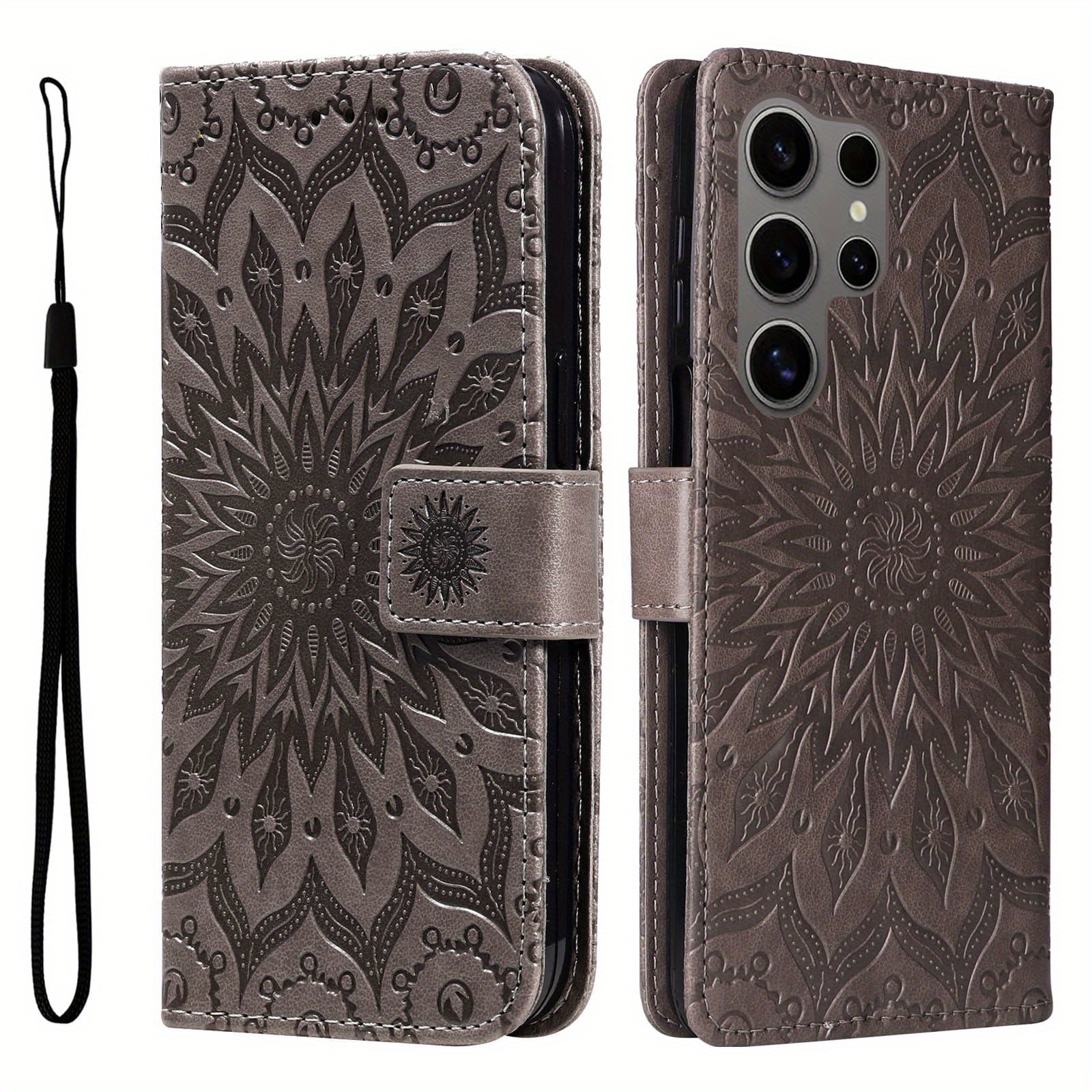 TEMU Phone Case: Gray Embossed Sunflower Pu Leather   Soft Case, Stylish Minimalist Creative Print Phone Case With Stand And Wallet Function,