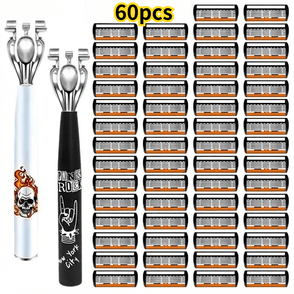 Image of Razor 60pcs 6-blade Replaceable Stainless Men's Shaving Razor Efficient Shaving Experience Home Removal Tool Suitable For Adult Men Versatile Shaving Use Ergonomic Anti-slip Handle Classic