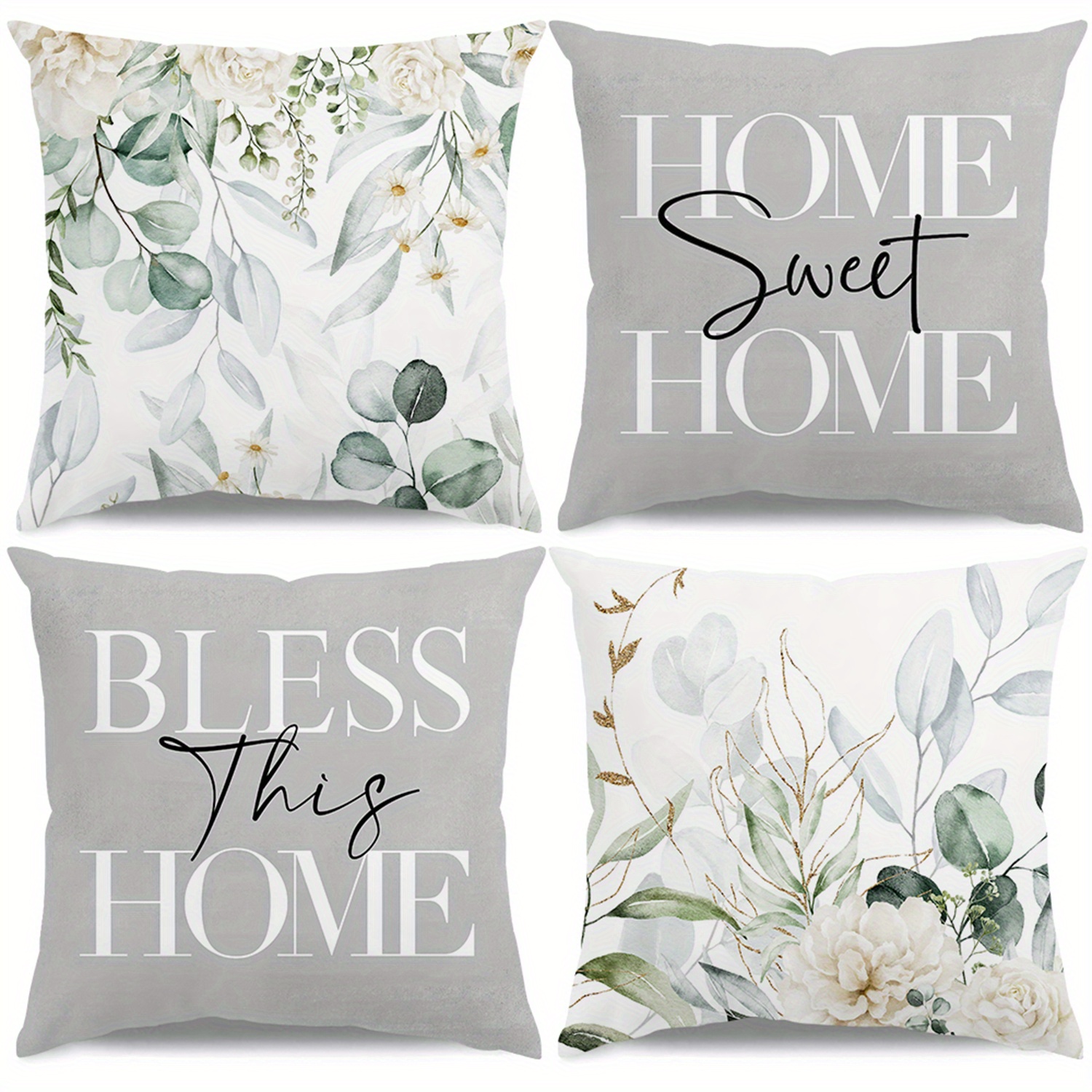 E-shop 4er-Set Hellgrüne Eukalyptusblatt-Grau Text Frühling/Sommer Kissenbezüge, geeignet für Sofa, Stuhl, Wohnzimmer