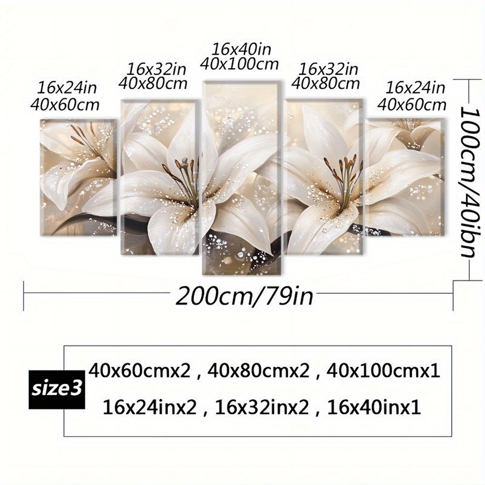 TEMU 2d Flat, 2d Flat, Framed Dew Poster Featuring 5 Panels, Canvas Print Of Lilies, Contemporary Artwork, Design, Wall Decorations, Gentle Decor For