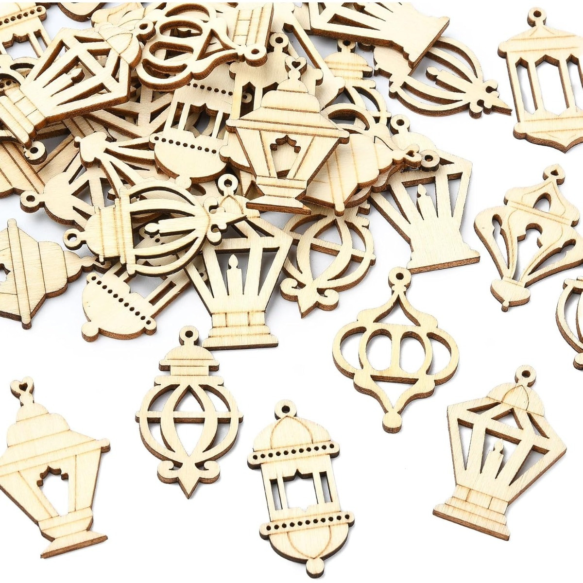 

100pcs Wood Ramadan Lantern Cutouts - Wooden Pendants For Diy Crafts, Art, Home Decor - Manufactured Wood Ornaments For Eid Al-fitr Celebrations