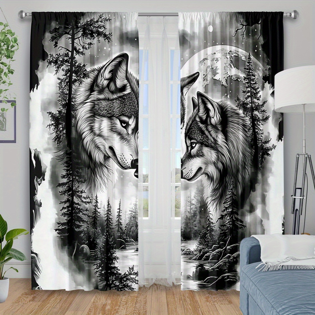 E-shop 2 Stück Vorhangstoff, Filtervorhänge für Schlafzimmer, Wolf-Motive, Cartoon-Tier-Vorhänge, Fensterzubehör, Valentinstag Deko für Schlafzimmer