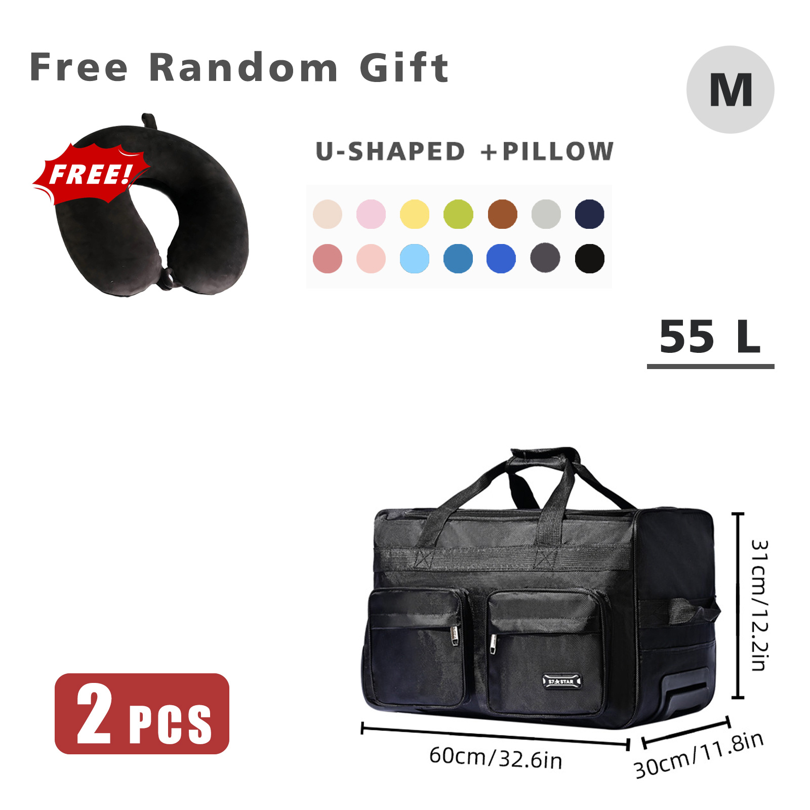 [4 Sizes]rolling Travel Bag + Free Pillow Set | 2 Items: 1 Bag (35l-105l) + 1 U-shaped Pillow | Lightweight & Spacious | Perfect For Camping, Weekend Trips, Airport