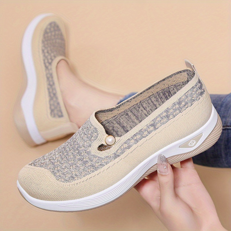 breathable mesh slip on walking shoes for women lightweight soft sole casual sneakers spring   solid color fabric upper inner pvc sole beige cn36 eu36 10