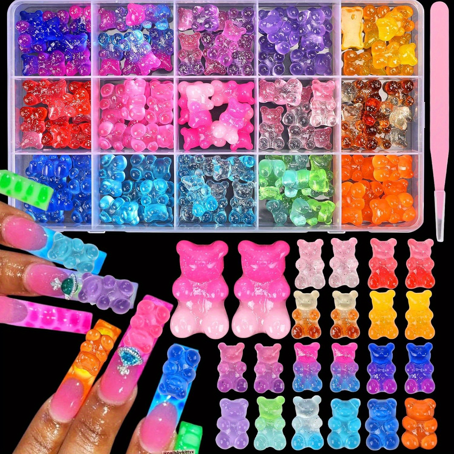 TEMU Oacen Bulk 3d Bear Nail Charms - Y2k Kawaii Gummy Candy-shaped Diy Nail Art Accessories With Hearts, Cherries, Fruits, & Moon Charms - Vibrant