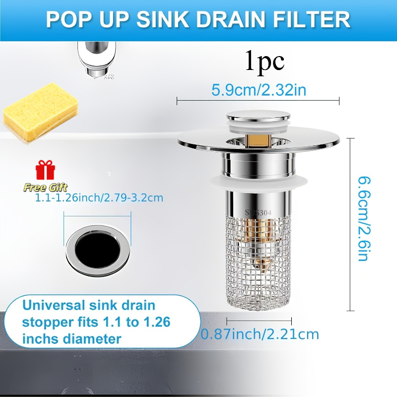 TEMU 2pcs Set: 1 Bathroom Sink Stopper + 1 Cleaning Sponge, Pop-up Drain Filter, Universal Spring Core Convertible Drain Stopper, 1.1-1.45 Inches,