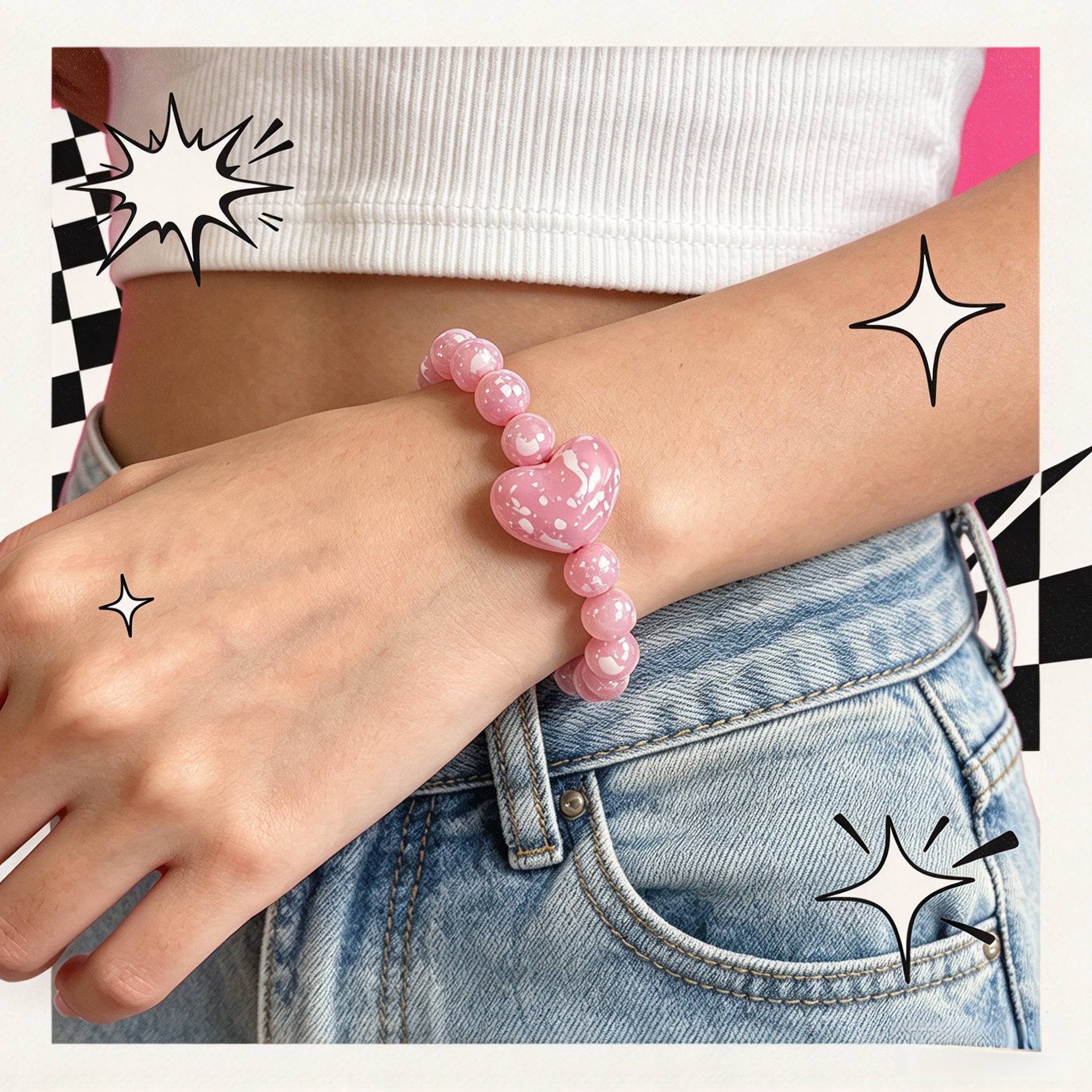 9pcs Creative Ink Splatter Heart Bead Bracelet Set