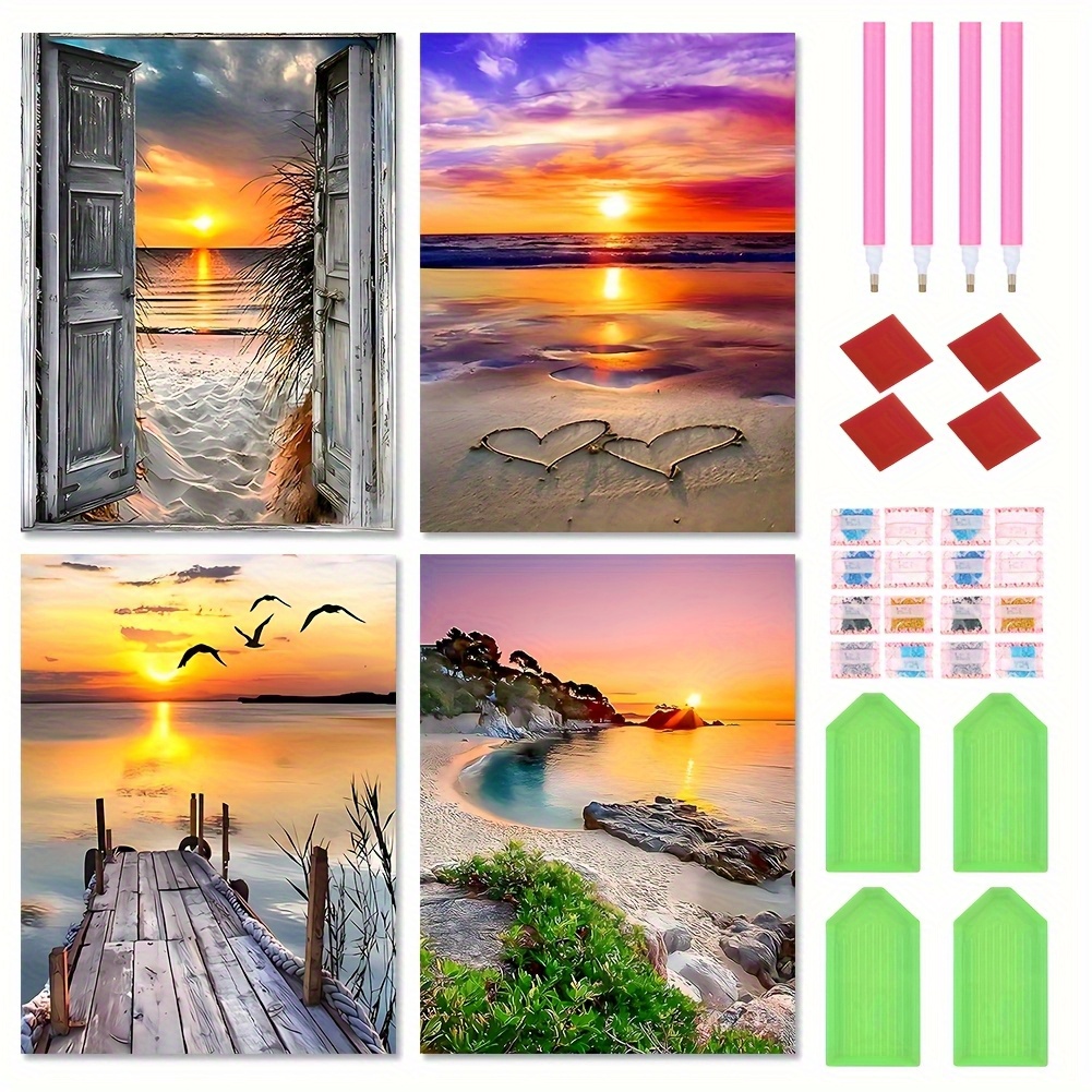Image of 4pcs Full Diamond 5d Diamond Painting Kit - Beach Landscape By Numbers Wall Decor, Beach Scenery Craft, Adult Relaxation Hobby, Home Decor Gift Idea, Frameless