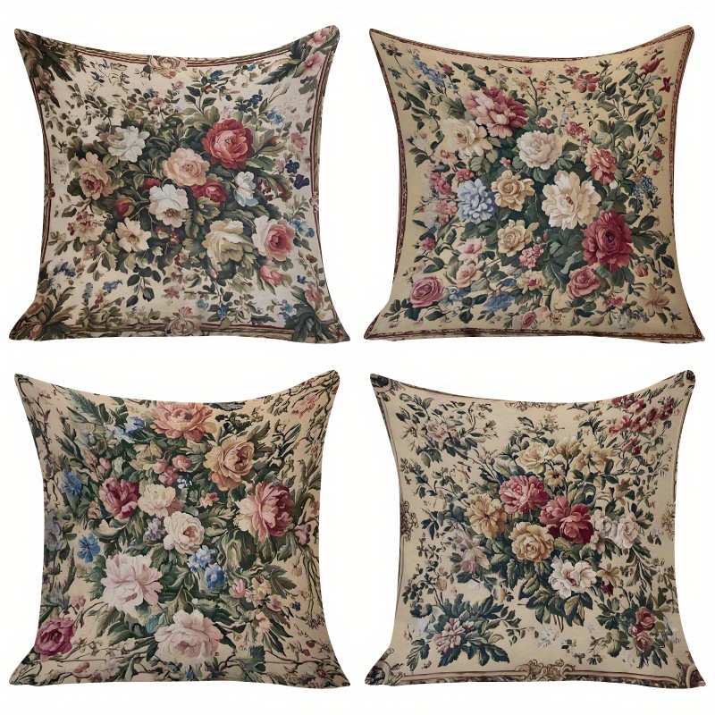 TEMU 4-pack, Floral Print Pillow Covers, Multicolor Flower Pattern Cushion Cases, Square Sofa Pillowcases, Zipper Closure, Single-sided Printed