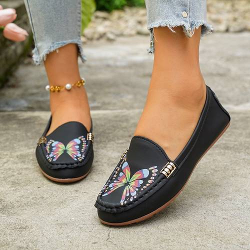 Women s Loafers, Flat Shoes, Slip-On, Fashionable Print, Metal Decoration, Moccasins, Lightweight, Soft and Comfortable, European and Sizes, Arch Support, Black, White, Royal Blue, Women Shoes