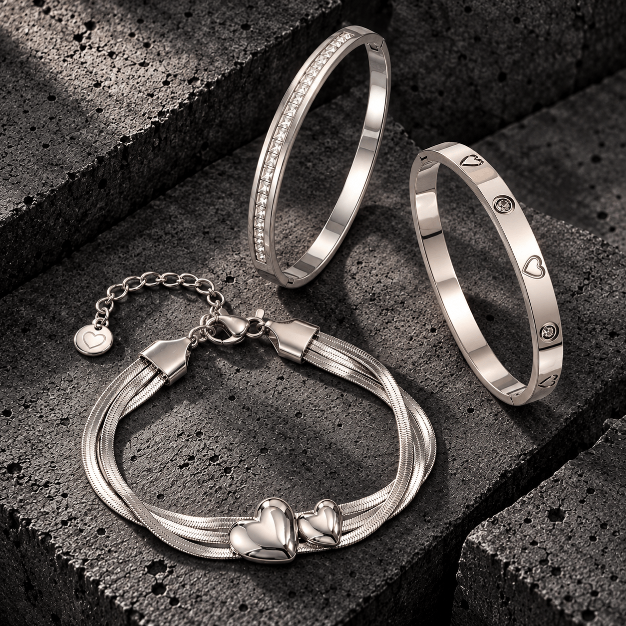 3pc Women's Multi-layer Snake Chain Bracelet Set, Heart Charm