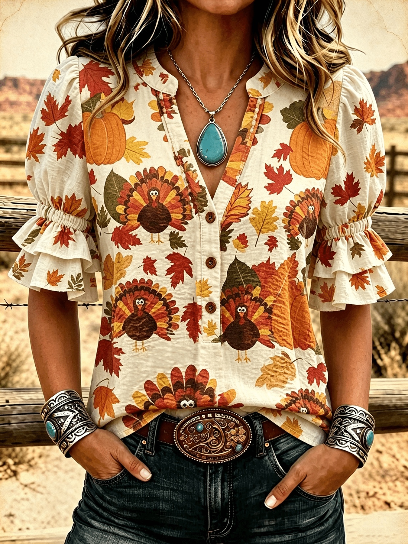 item picture womens thanksgiving turkey maple leaf pumpkin autumn full print stand collar double layer ruffle short sleeve western top