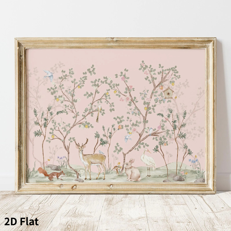 TEMU 2d Flat, 1pc 2d Flat Chinese Style Pink Wall Art Decor, Animal Theme Vintage Pastoral Poster, Frameless Canvas Print, Multiple Sizes Available,