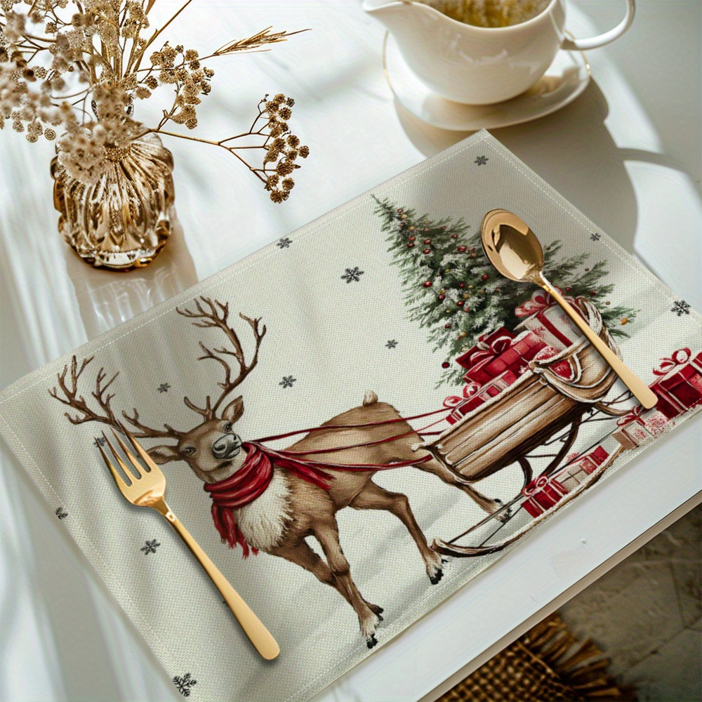 

[] 4pcs, Christmas Printed Placemats, Set Of 4 Table , Placemats For Dining Table Decoration