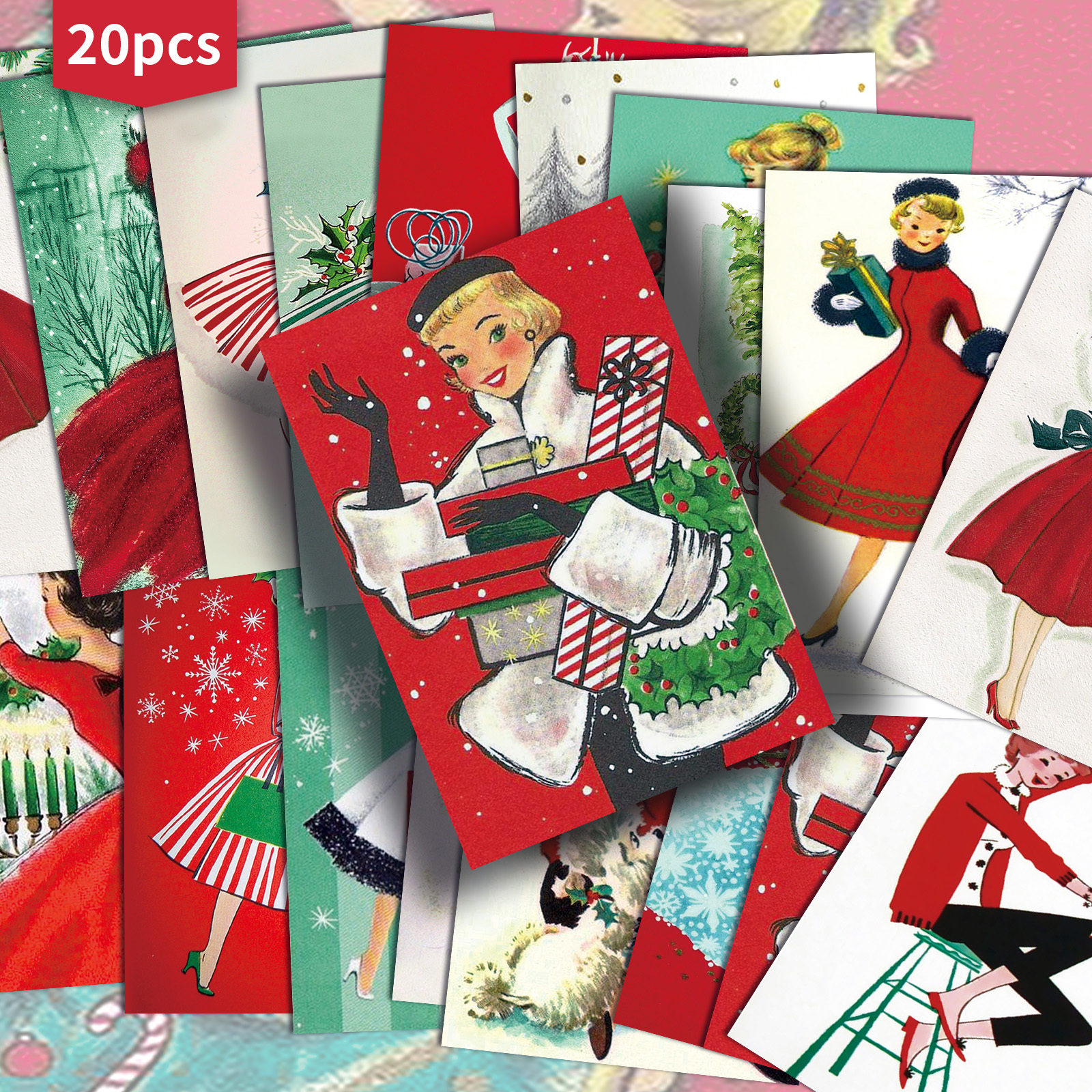TEMU 20-pack Asstss Vintage 1940s-1950s Christmas Postcards - 4x6 Inch Retro Pinup Collectible Cards With Mid-century Women, Snowmen & Candy Cane