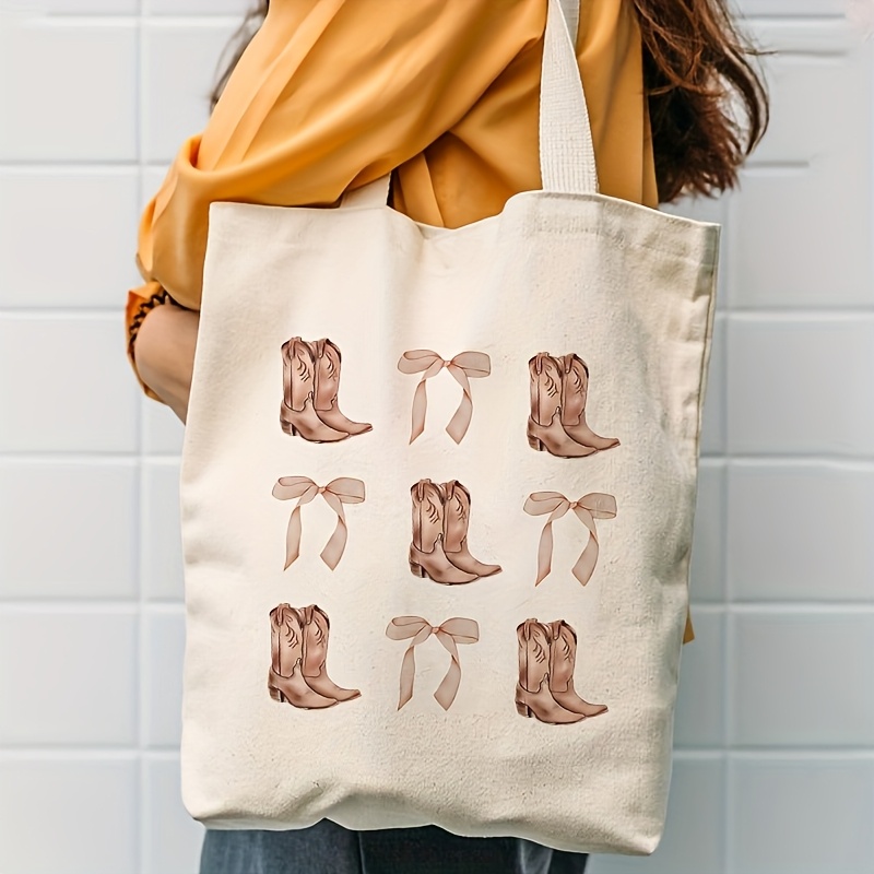 TEMU 1pc Western Boots & Bowknot Tote Bag - Double-sided Print & Design, Beige/ Shoulder Bag Suitable For Western Theme Parties, Casual Outfits,