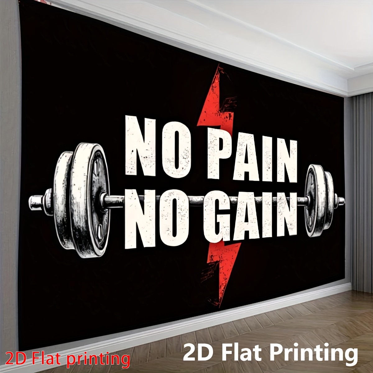 TEMU 2d Flat, 2d Flat Printed 1pc "welcome To Our Gym" Tapestry. Features Colorful Dumbbells, Barbell Plates, And Motivational Phrases. Extra-large