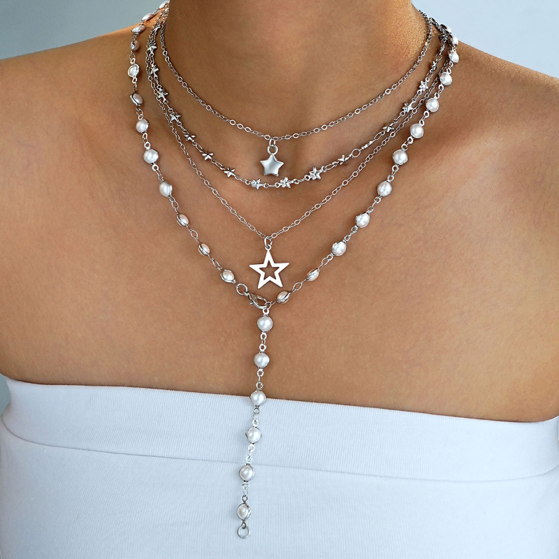 TEMU A Set Of 4 Women's Necklaces For Autumn And Winter Featuring A Vintage Trendy Silvery Y-shaped Long Necklace With A Pentagram And Pearl Pendant.