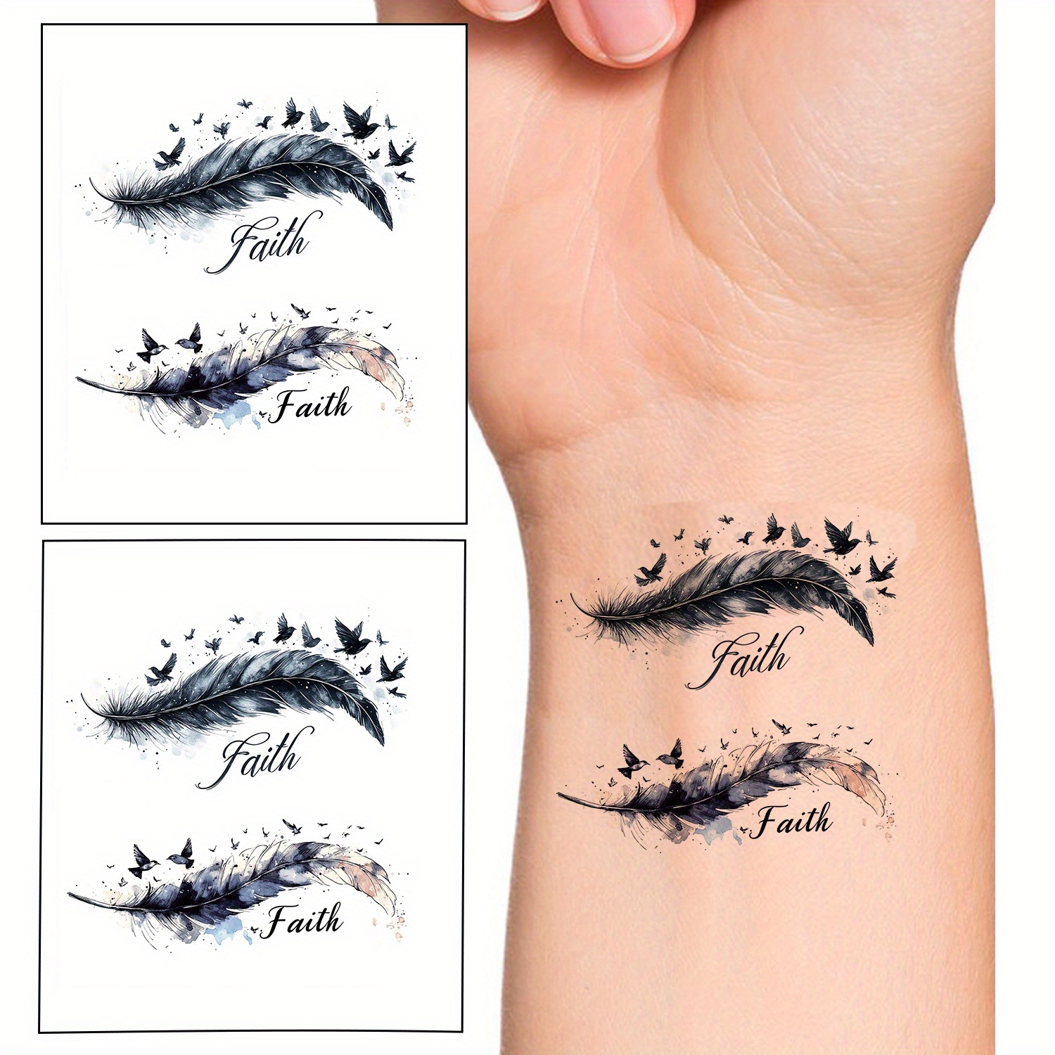 2 Feuilles Tatouages Temporaires * Oiseau Foi Plume - Autocollants d'Art  Corporel pour Décoration de Fête et Cadeaux - Tatouages Faux pour Cou, Bras  * - Pour Femmes, Hommes et *, image size:1500x1500