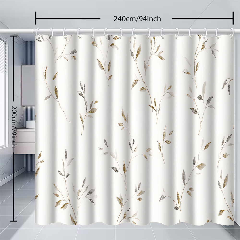 TEMU Fresh And Elegant Printed Shower Curtain With Branch And Leaf Pattern, Artistic Style Bathroom Accessory With Plastic Hooks, Bathroom Accessory,