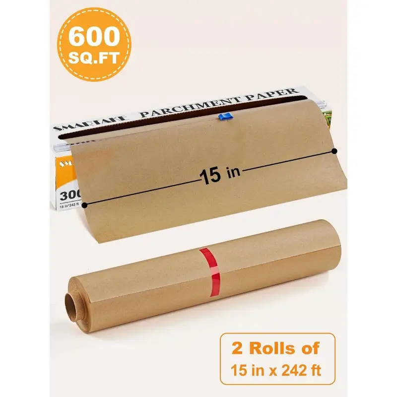 parchment paper roll for baking 2pack of 15 242 ft 600 sq. ft nonstick baking paper sheets with slide cutter heavy duty extra long for kitchen baking cooking grilling unbleached Product details 1