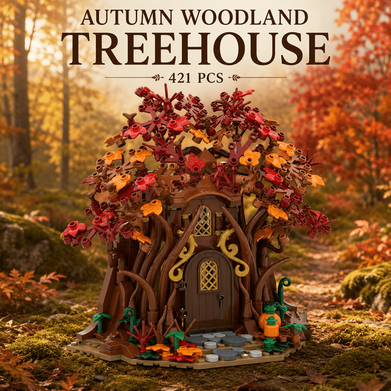 Image of 421pcs Woodland House Building Blocks Set, Autumn Treehouse Architecture Model, Fantasy Decor For Shelf Display