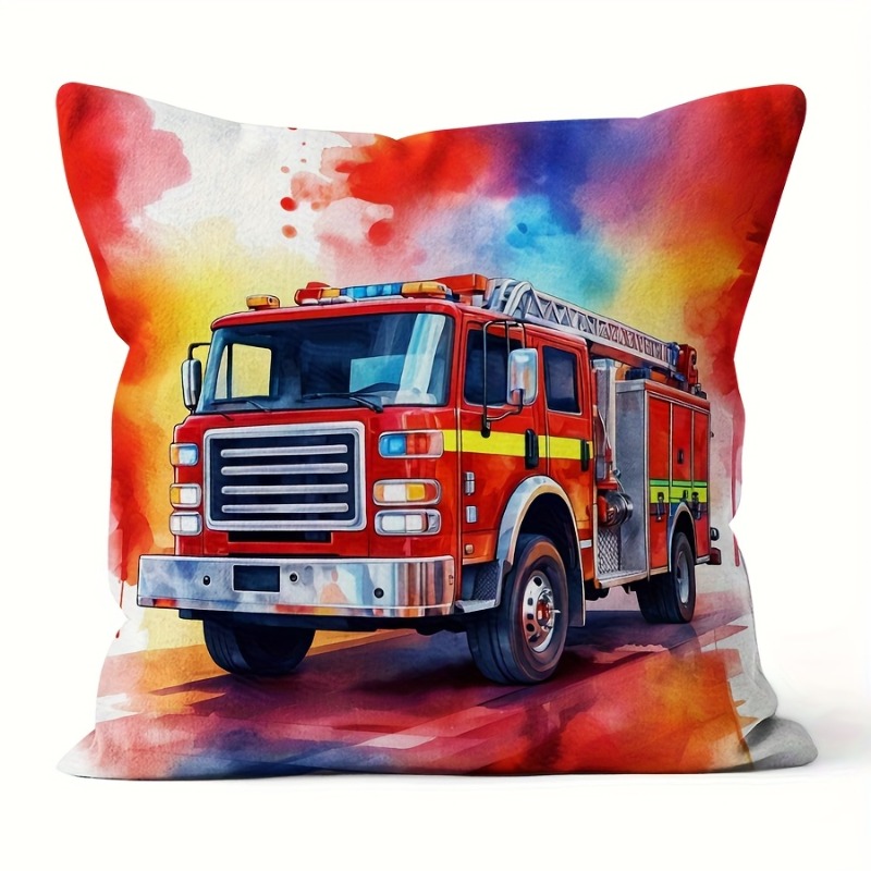 TEMU Taie d'oreiller 2D Plate - Style Camion de - 44.96X44.96 Cm (17.7"X17.7") Housse de Coussin Thème Pompiers avec Fermeture Éclair, Décoration de