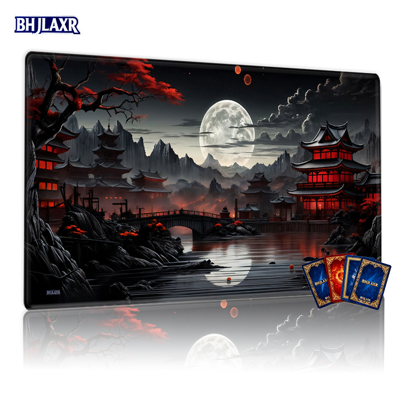 TEMU Evening East Asian Design Tcg Playmat 14x24in - Anti-slip Base, Great For Game Events, For Tcg/ccg Fans Featuring , Pagoda, And Foggy Mountain