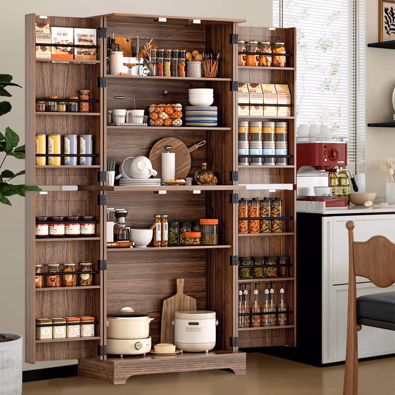 75" Freestanding Kitchen Pantry Storage Cabinet with 4 Barn Doors & Adjustable Shelves
