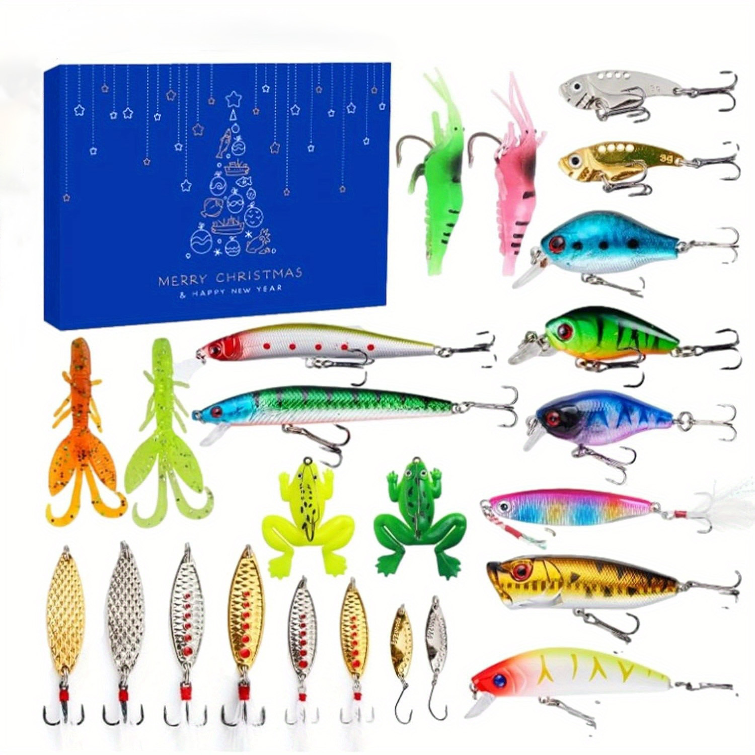 christmas advent calendar fishing bait set - professional fishing kit with stainless steel and plastic hooks, popper, pencil, minnow, frog spoon, shrimp bait for all   unique christmas gift idea 0