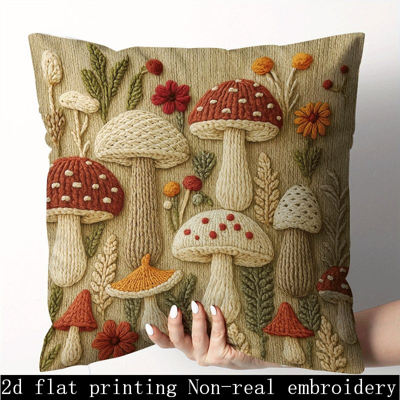 TEMU 2d Flat - Single Piece, Mushroom And Flower Pattern Pillow Cover, 18*18 Inches/45*45cm, 2d Single-sided Print, With Zipper, Machine Washable