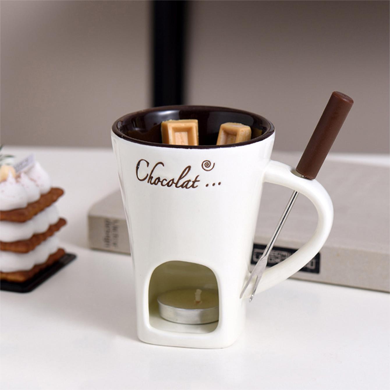 A Set Of Ceramic Kitchen And Dining Chocolate Melting Pots, Cheese Heating Cups, And Chocolate Melting Bowls With Forks, Suitable For Outdoor Events, Weddings, Parties, Gifts, And Birthdays