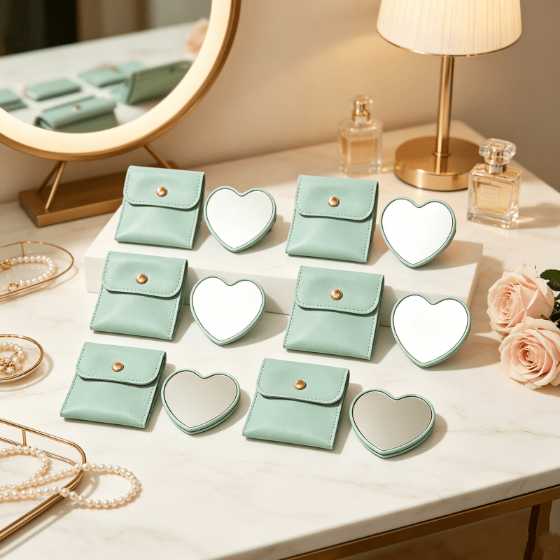 7pcs Green Heart-Shaped Portable Makeup Mirrors with Makeup Bags