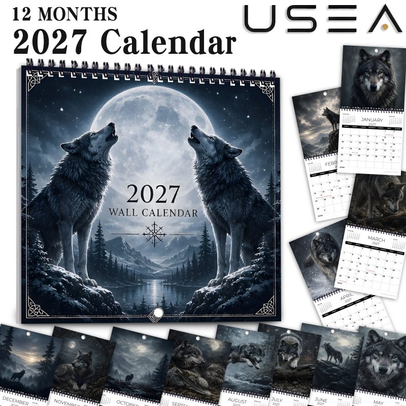 TEMU 1pc Calendrier mural 2027, Calendrier mural 2027 sur le thème du loup, Organisateur annuel de 12 mois, Planificateur mensuel carré de 8,3 x 8,3