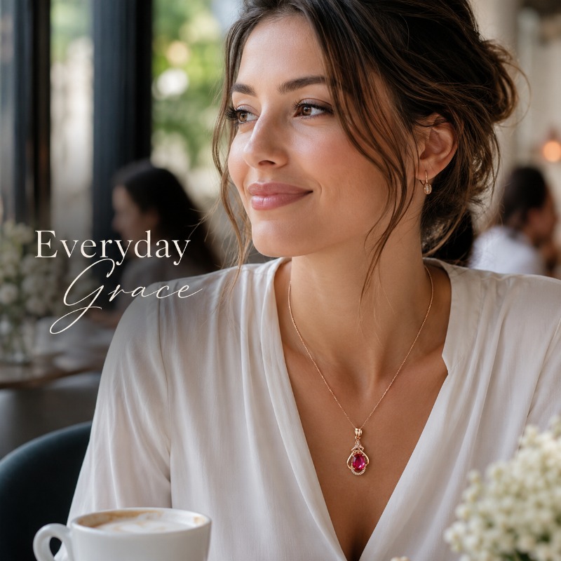 Collier pour femme en rubis synthétique avec pendentif ovale en rubis de synthèse - -ternissure, hypoallergénique, convient pour mariage, mariée, accent de CZ transparent, cadeau pour anniversaire, bal de fin d'année, tenue décontractée, chaîne boîte pour elle, pierre précieuse rouge esthétique