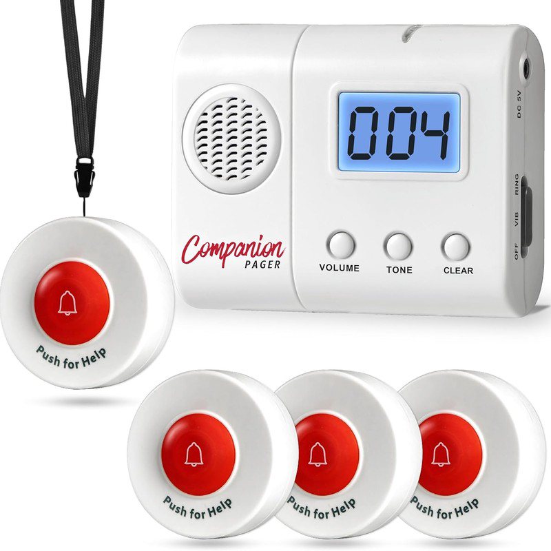 4 Wireless Call Buttons for Elderly | Caregiver Pager for Seniors, Adults, Patients with LCD Review Feature, Nurse Call Light System Alert Button Alarm Emergency, Uncharged, Without Battery