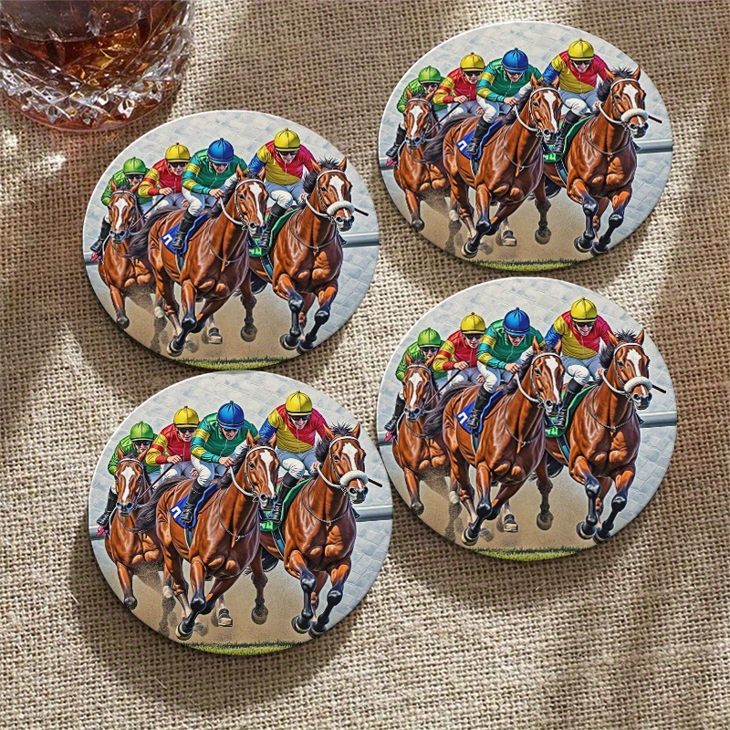 TEMU 4pcs Horse Racing Knight Coaster Set - Vintage Racing Decor - Reclaimed Wood Coasters For Desktops, Office Desks, And Bars - Heat And Moisture