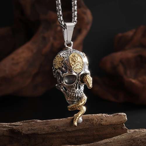 Mne's Stainless Steel Gothic Devil Skull Pendant Necklace - Silver
