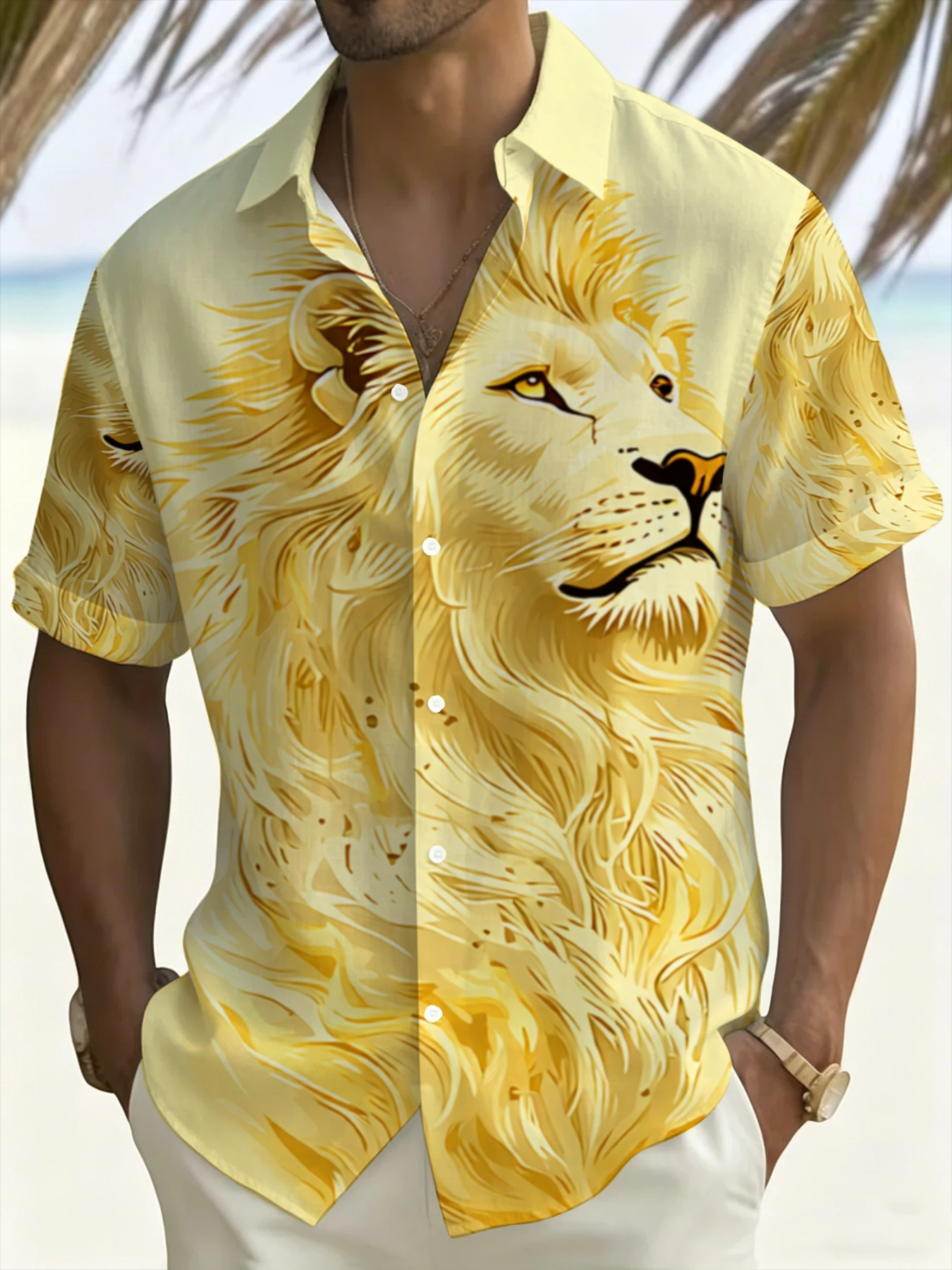 Chemise à manches courtes pour homme avec imprimé lion jaune, chemise d'été décontractée de plage, haut à col léger et respirant, GRANDE TAILLE