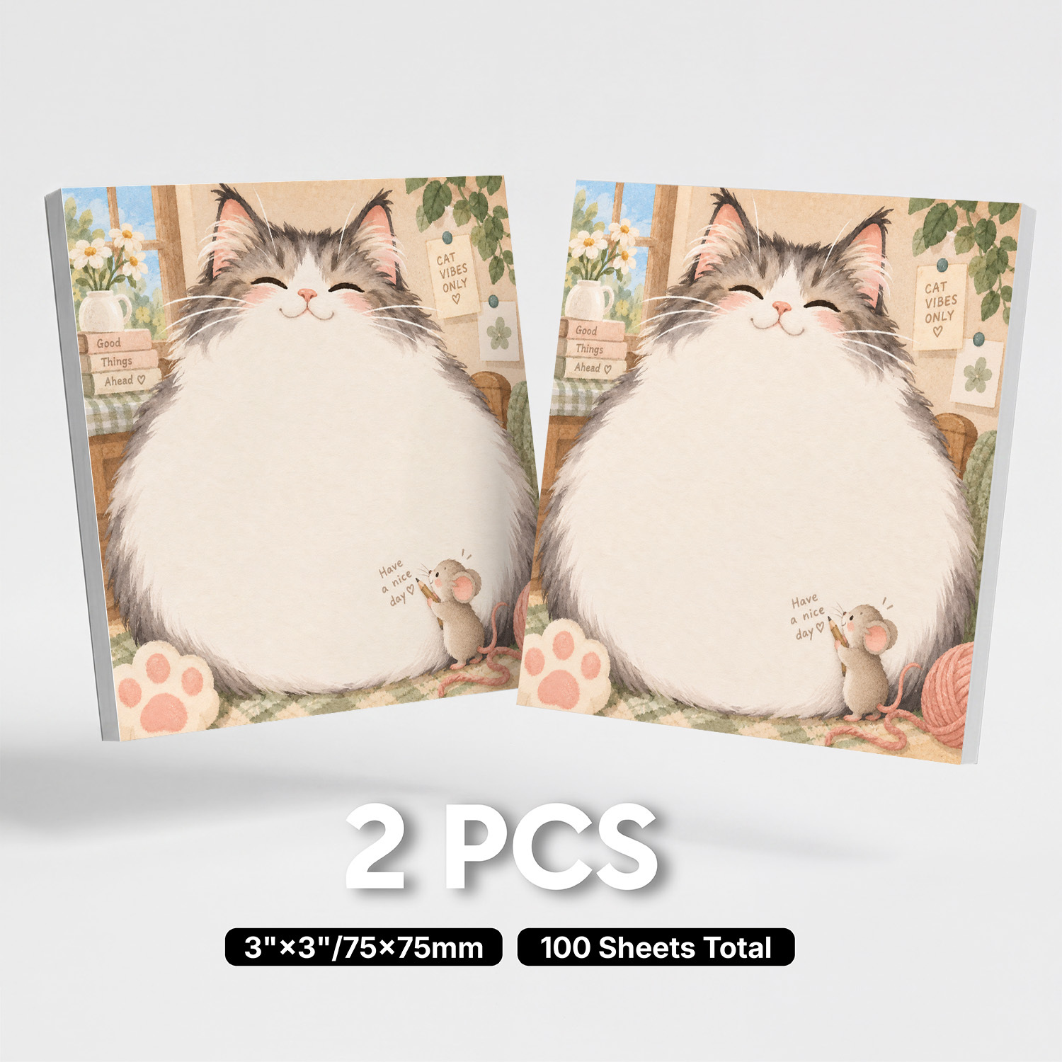 TEMU 2pcs Cute Cat Sticky Notes, 100 Sheets Total, Cozy Memo Pads With Fluffy Cat, Yarn, Flowers And Paw Design, Large Writing Area, Self-adhesive
