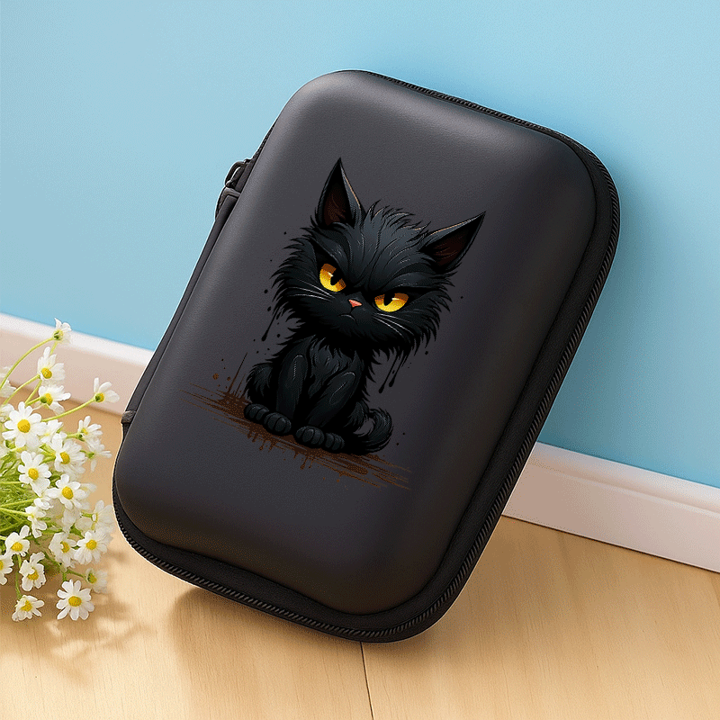E-shop Entzückendes kleines schwarzes Katzen-Design, unverzichtbar für Arbeit und Reisen! EVA-Aufbewahrungstasche für Kopfhörer, Kabel und Ladegeräte,