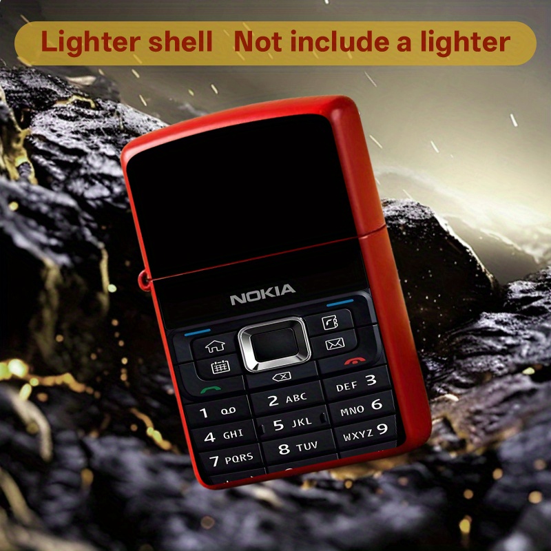 2D HD Printed Retro Phone-Shaped Metal Lighter - Windproof Protective Case, Durable Iron Construction, No Refill Needed, Creative Gift for Father S Day, Boyfriend, or Everyday Use, Stylish Accessory,  , Metallic  ,   Resistant, Refillable, Induction Coil Lighter, -Rotary Technology, Rechargeable,   Lighter