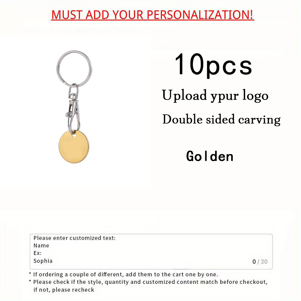 TEMU [Personalizzato] 10 portachiavi con token rotondi in acciaio inossidabile per carrelli del supermercato, token anti-smarrimento, incisione su