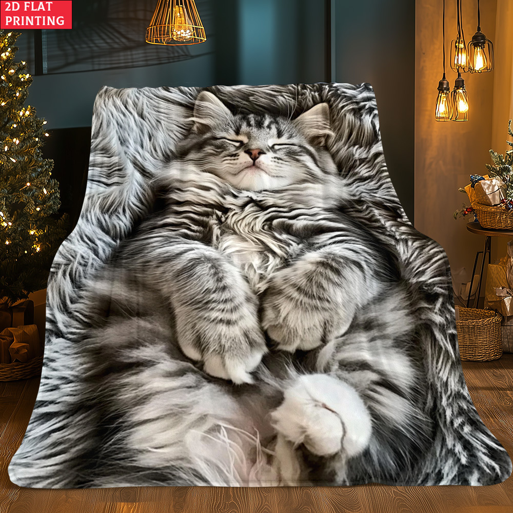TEMU Couverture d'art portable d'extérieur 1 pièce chat tigré duveteux plat 2D - Couverture de literie légère , adaptée pour les voyages, le camping,