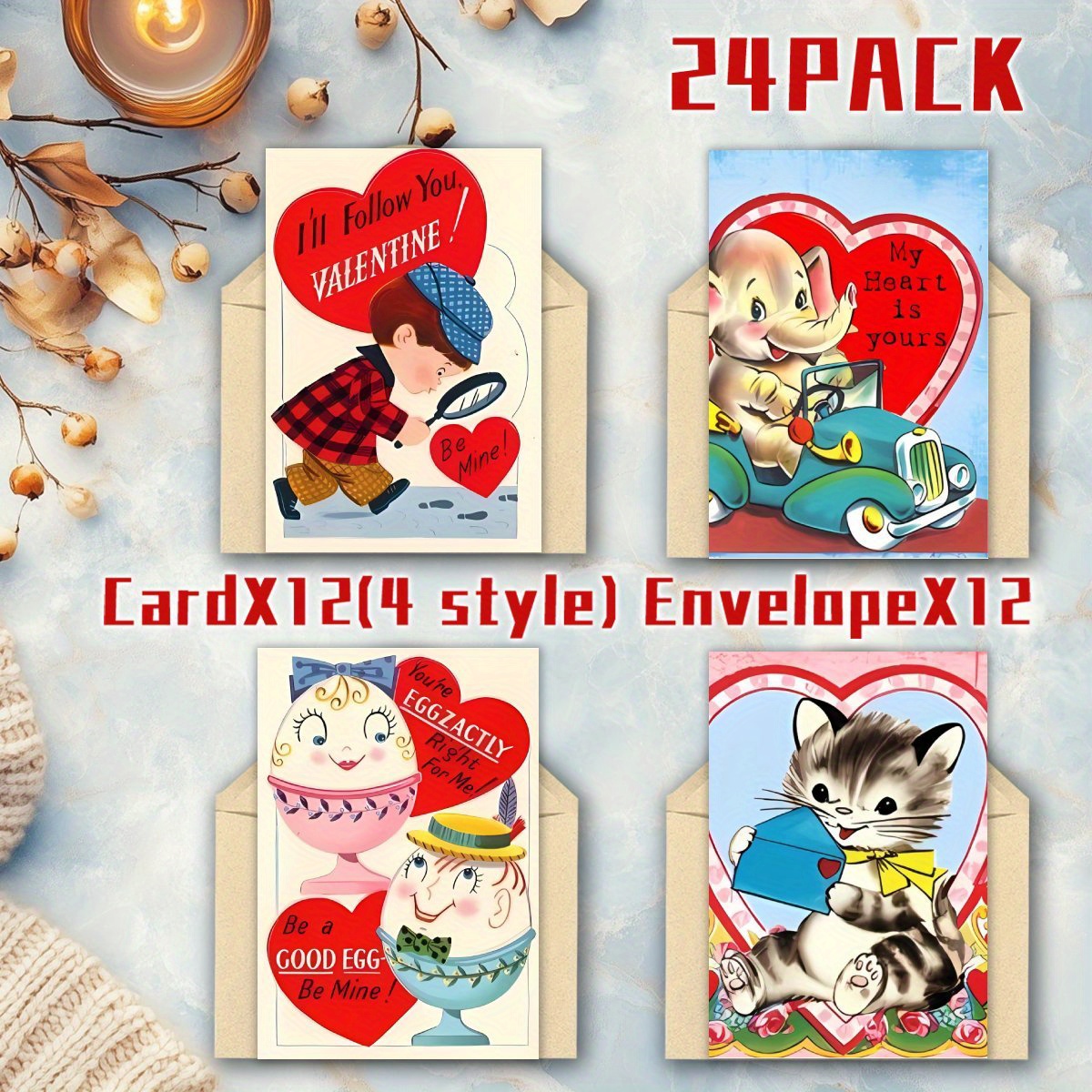 

24 Pack Vintage Valentine's Day Greeting Cards With Envelopes - Assorted Retro Love Themed Blank Cards For Christmas, New Year, Birthdays, Greetings - Paper Material, No Electricity Needed